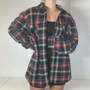 Red + Navy Blue + Tan Fleece Sherpa Lined Plaid Shacket